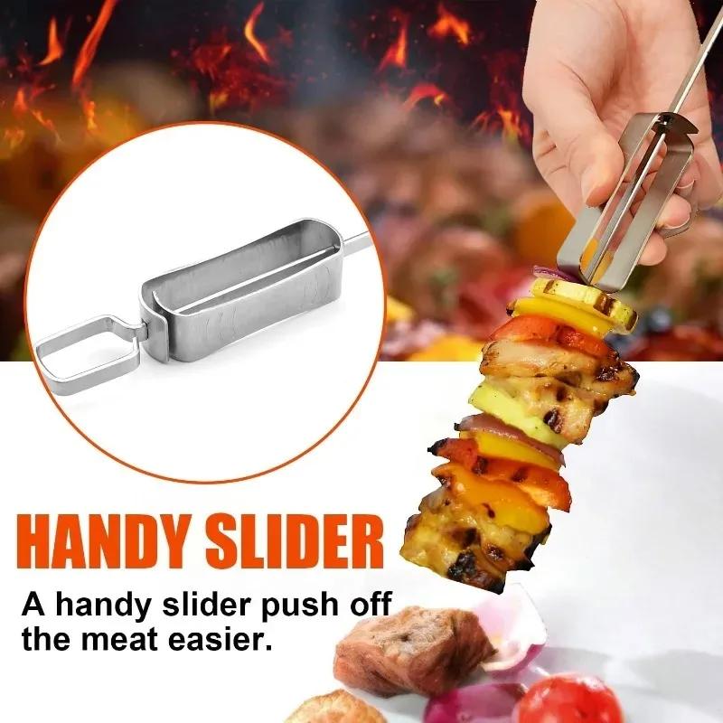 Wiederverwendbare BBQ Outdoor Grillspieße Edelstahl Grill Schnellverschluss Metall Schiebegriff Tragbares BBQ Werkzeug