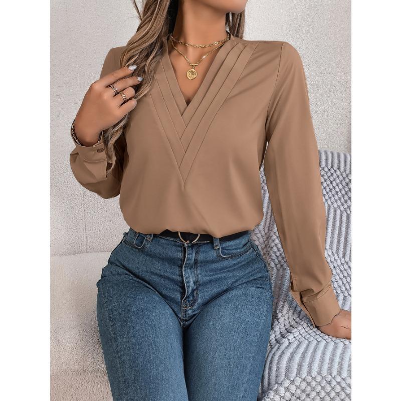 Women's Fall and Winter Elegant Solid Color Layered V-neck Long-sleeved Shirt