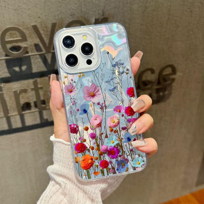 Luxury Floral Print Glitter Slim Case For iPhone 16 15 Pro Max 14 Pro 13 12 11 Glossy Shockproof Hybrid TPU PC Clear Phone Cover