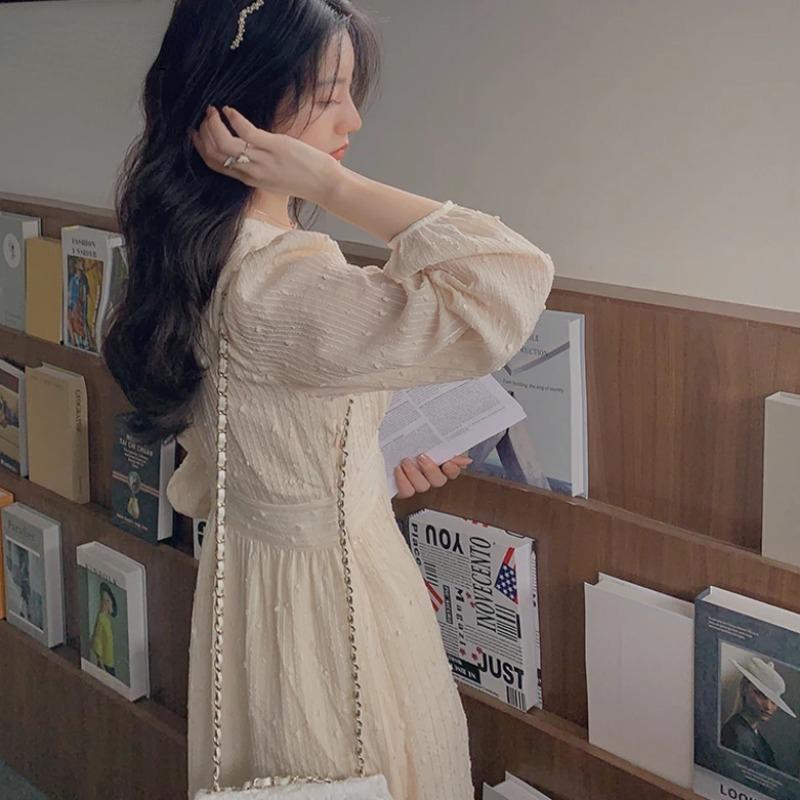 Vintage French Puff Sleeve Midi Dresses for Women Party Korean Sequins Dress Elegant Fairy Wedding Female Clothes Autumn 2024
