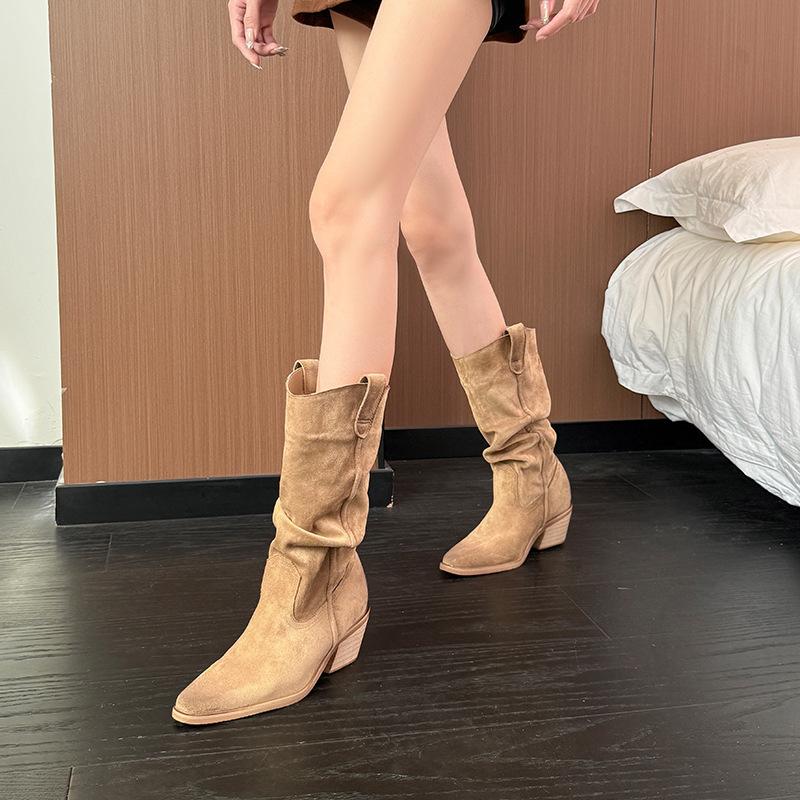 Cow velvet~ Pile boots women's leather boots medium tube Chelsea short boots inner height increase thin boots pointed western cowboy boots