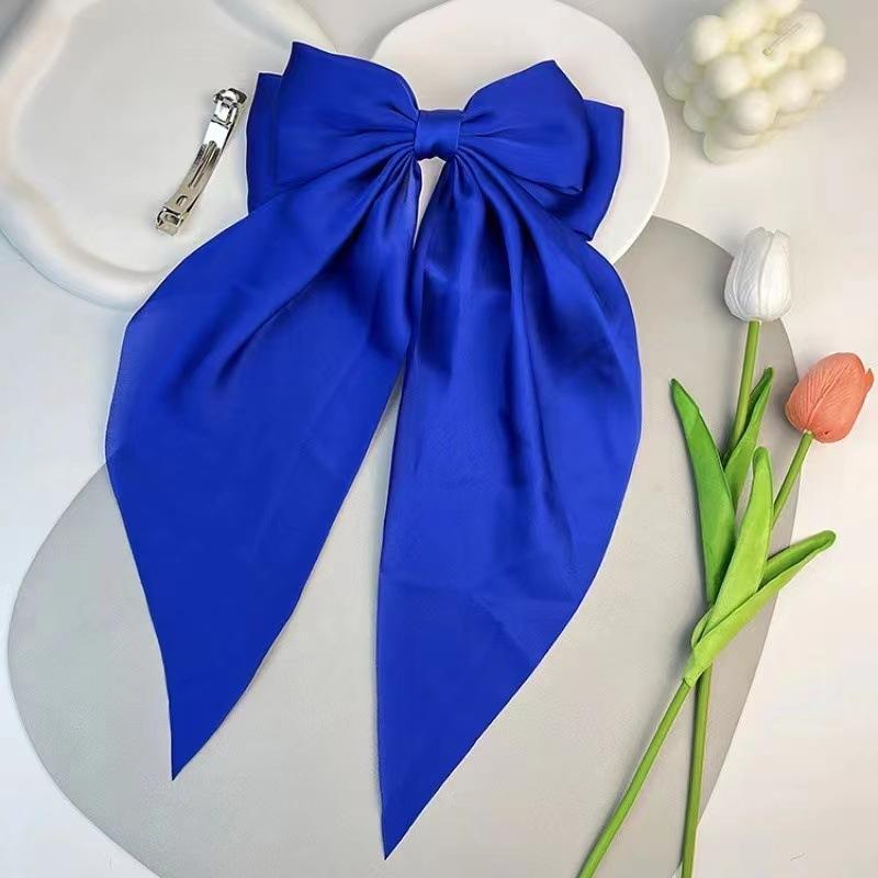 Fashionable Solid Color Ribbon Bow Hair Clip Women's Elegant Long Satin Large Bow Spring Clip Hair Accessory Top Clips