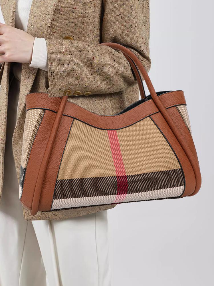 Aidrani  New Retro Checkered Women's Handbag, Large Capacity Luxury Bag, Canvas Genuine Leather Bag