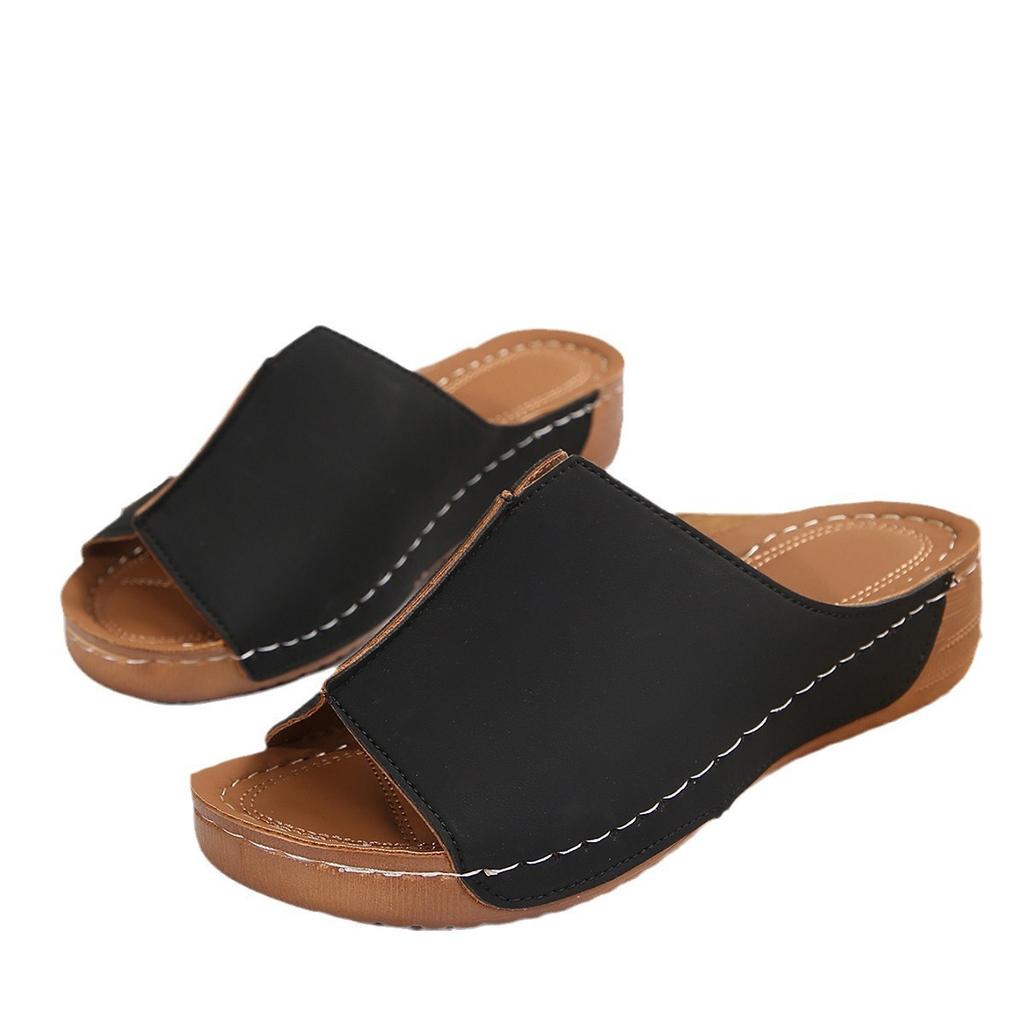 Slope Heel Thick Bottom Slippers,Women's Large Size Round Head Casual One Foot Stirrup Solid Color Slope Heel Sandal Slippers Women Outer Wear