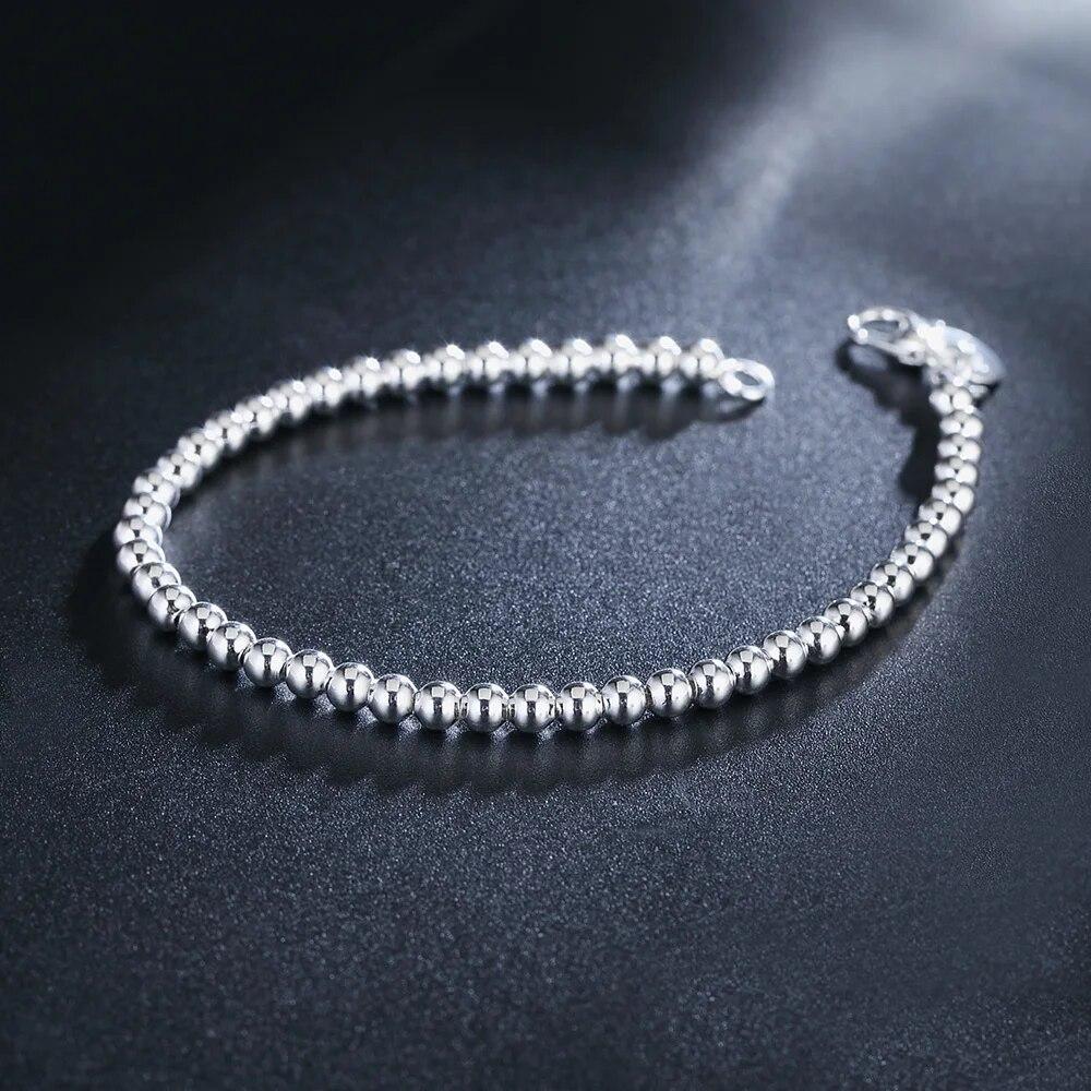 100% Silver Color Fashion 4mm Beads Chain Bracelet 20cm for Teen Girls Lady Gift Women Fine Jewelry