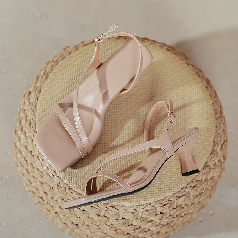 

High-heeled sandals women s one-word buckle belt fairy wind thin belt Roman shoes 2025 new square head high heels women s summer stiletto 42 тілесний