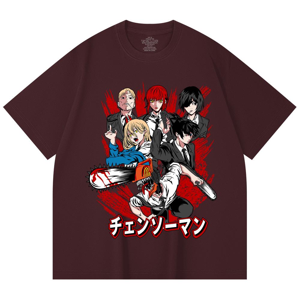 

230 Gsm 100% Cotton Chainsaw Man V19 Print Unisex Heavy Cotton T Shirt 2XL вина червоного кольору