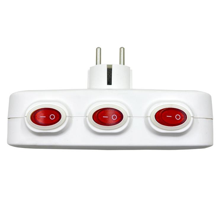 Independent Switch EU Schuko Triple Outlet Power Expansion Plug 1 to 3 Wall Socket Adapter Power Splitter For home