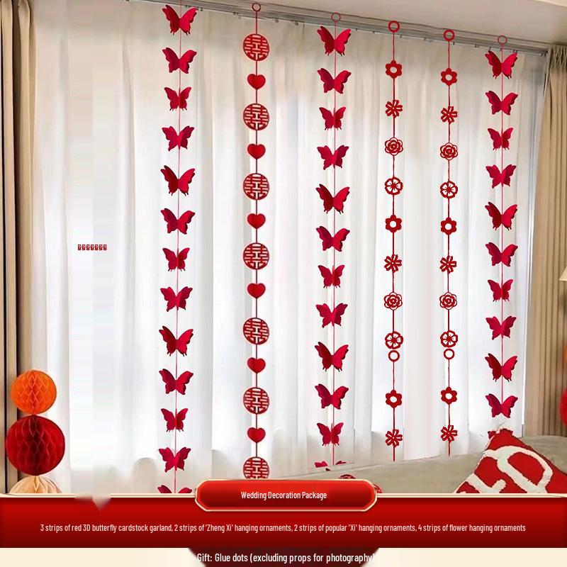 Wedding Curtain Decor: Butterfly Pull Flowers & Double Happiness Strip for New Home or Bedroom