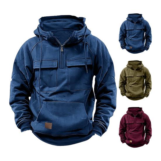 Spring Autumn Men Hoodie Cargo Style Drawstring Big Patch Pocket Half Zipper Long Sleeves Solid Color Casual Daily Wear Sport Top