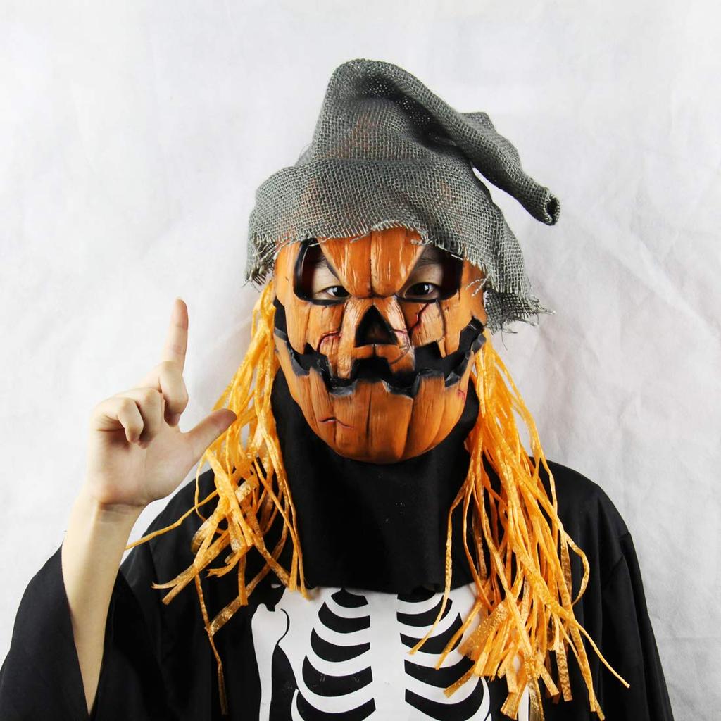 EnergyPower Halloween Party Mask - Pumpkin Zombie Jack-o'-lantern - Super Realistic Mask with Hair and Hat - Scary! Pumpkin, Devil, Alien, Satan, Demo