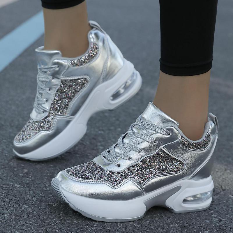 Fashion Winter Leather Hidden Platform Sneakers Silver Thick Sole Casual Shoes Women Bling Shoes Autumn Lace-up Height Increase Shoes