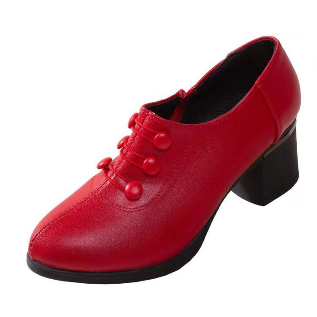 Women's Shoes Korean Version Pointed Head Medium Thick Heel Low Top Fashion Button Side Zipper
