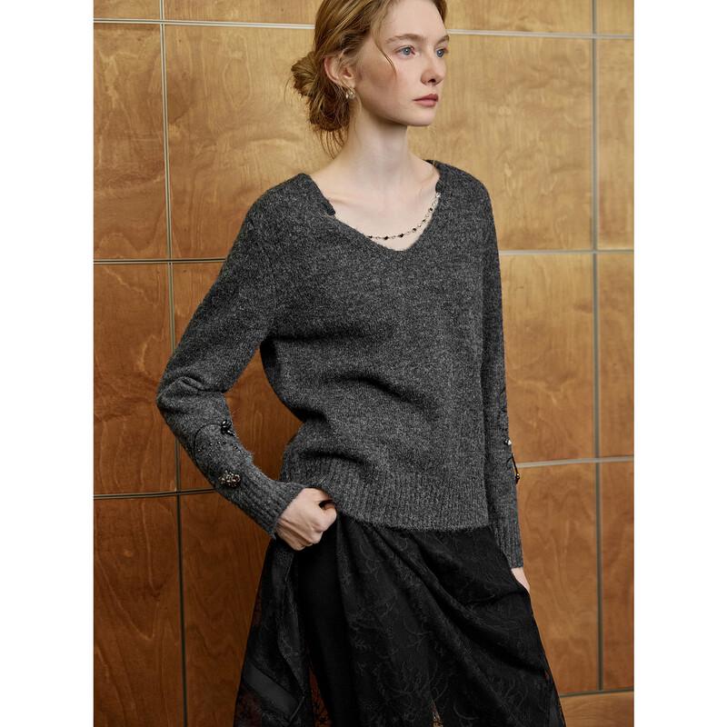 ELLE Grey Studded V-Neck Sweater