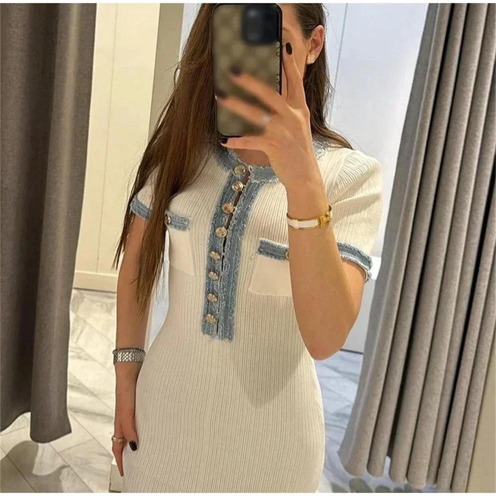 LYRIA Elegant Contrasting Women Knit Maxi Dress Chic O-neck Short Sleeve Metal Buttons Bodycon Dresses Office Lady Commuting Robe