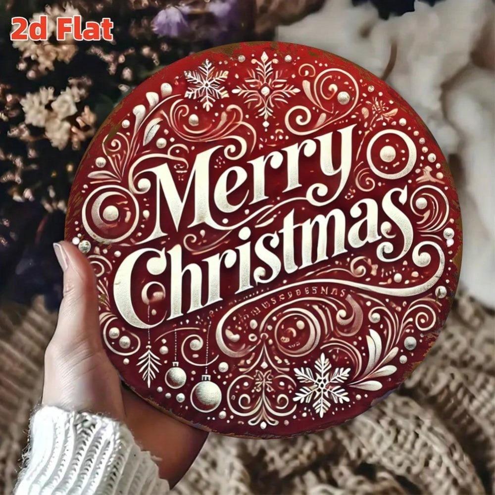 Vintage Christmas Wreath Metal Wall Art Burgundy Red Golden Holiday Decor Round Aluminum Sign Merry Christmas Home Office Party Decoration