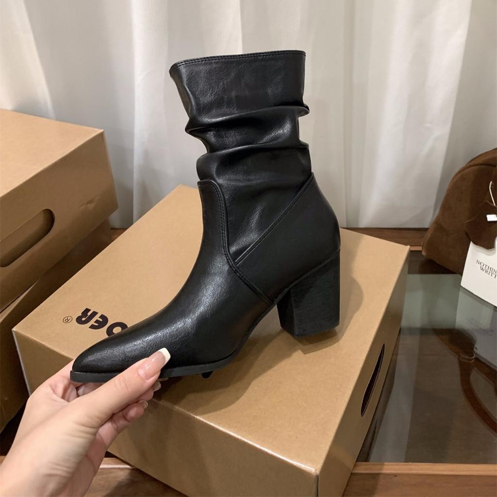 Brown Maillard Pointed High Heel Short Boots Women's Shoes 2025 Skinny Pile Boots Spring and Autumn Single Boots Coarse Heel Martin Boots