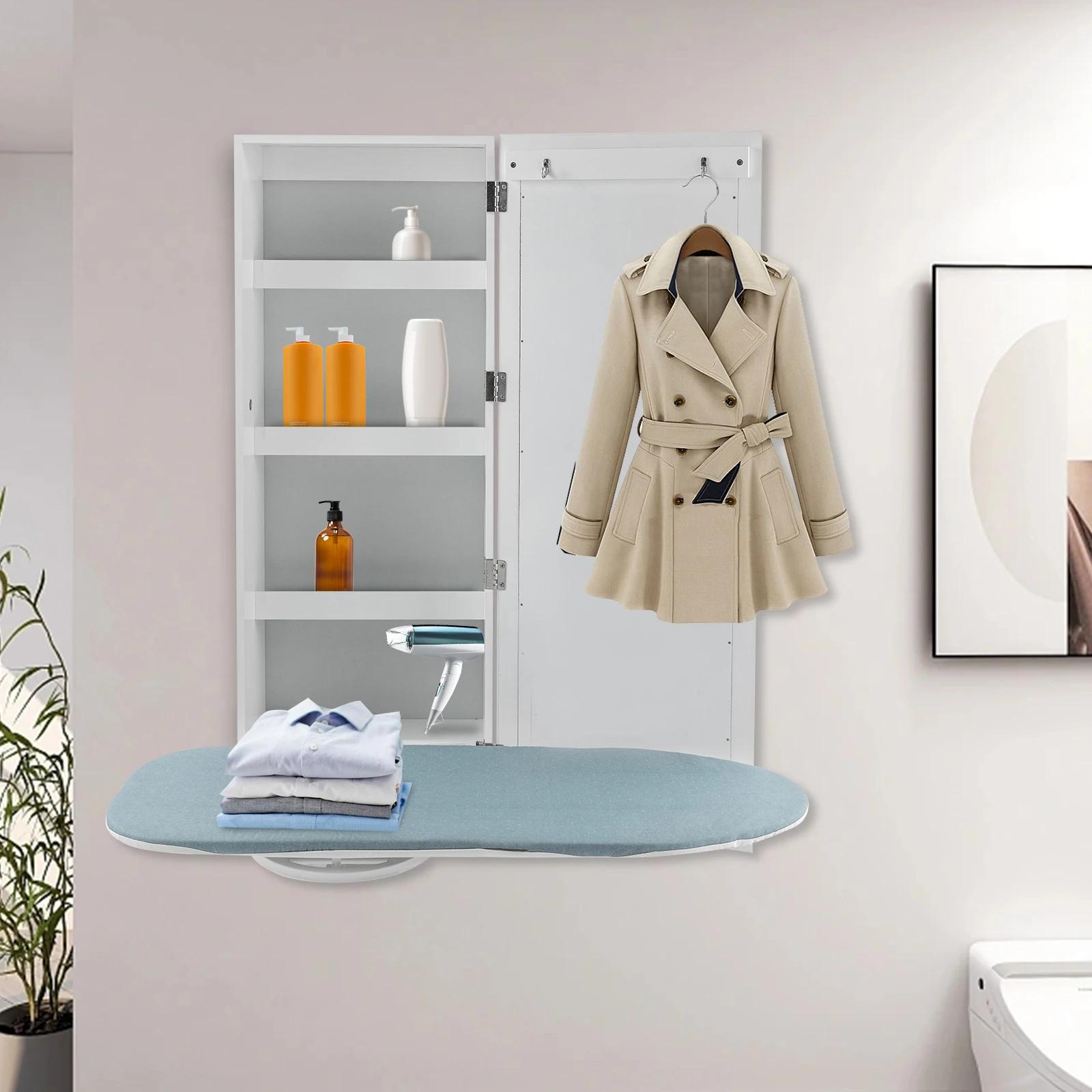 

Wall Mount Ironing Board Cabinet with Mirror, 180° Foldable Swivel Design & Built-in Storage, Modern White MDF Ironing Cabinet белый
