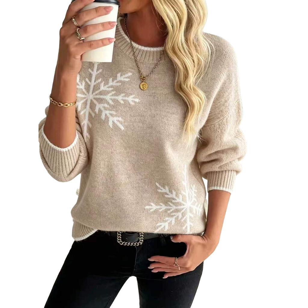 Women's Snowflake Knit Sweater with Neck and Long Sleeve Pullover Top