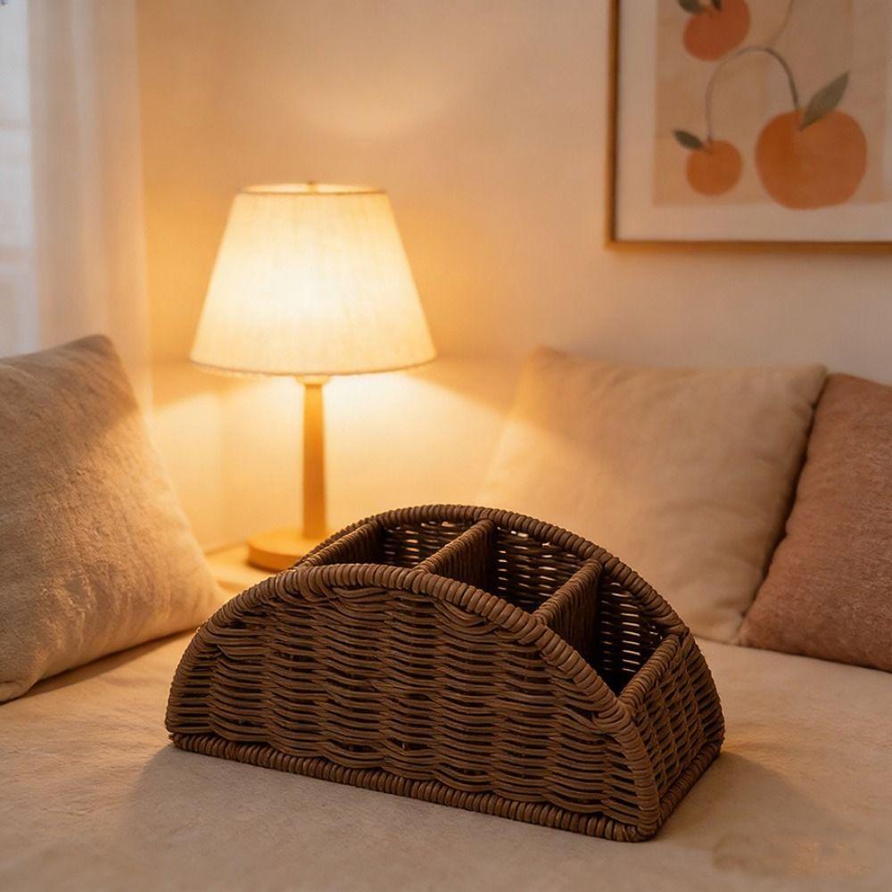 Imitation Rattan Remote Control Storage Box Handwoven Vintage Style Remote Control Holder 4 Grids Desktop Storage Box Bathroom