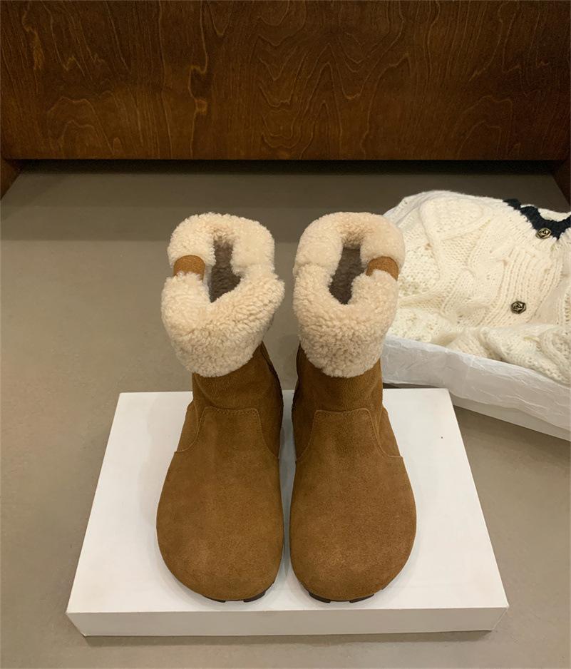 2025 autumn and winter round head flat bottom thin short boots women's retro fur versatile temperament Martin boots