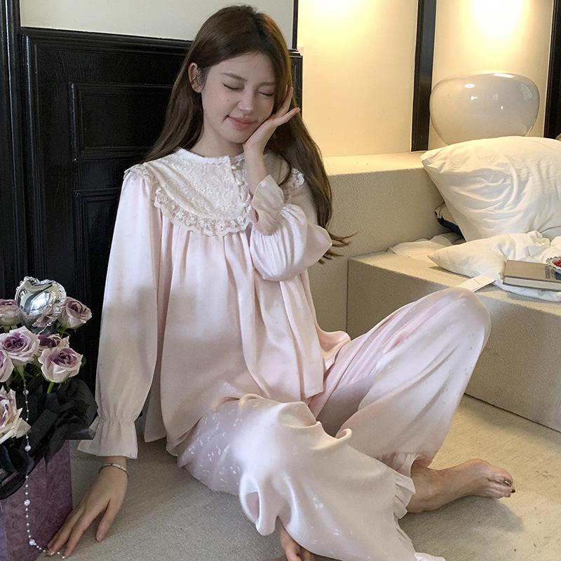 2025 Women's Ice Silk Fairy Pajamas - Round Neck, Lace Long Sleeve & Pants, Sweet Casual Homewear