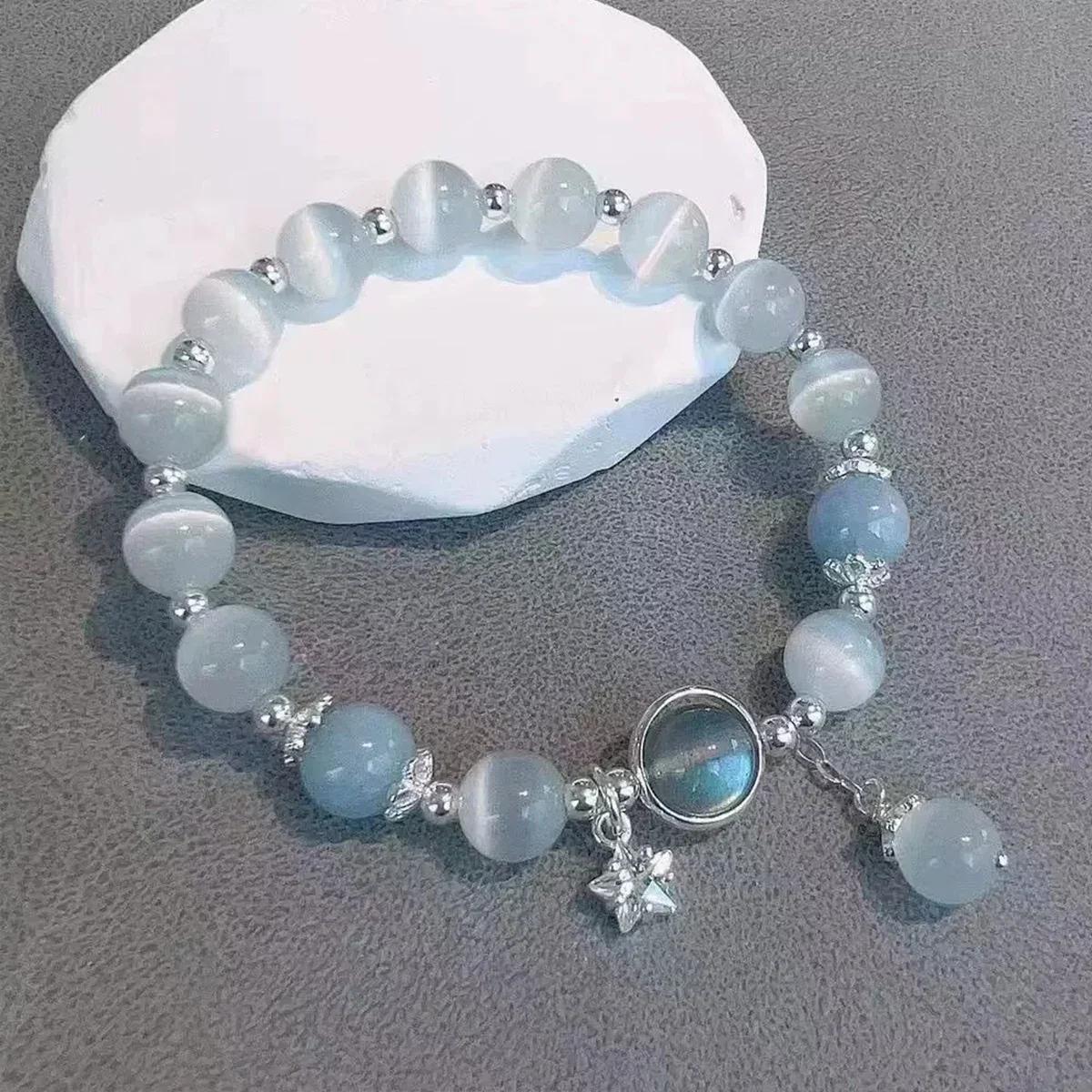 Dainty Blue Beaded Elastic Bracelet Star Moon Charm Bracelet For Women Fashion Trendy Jewelry