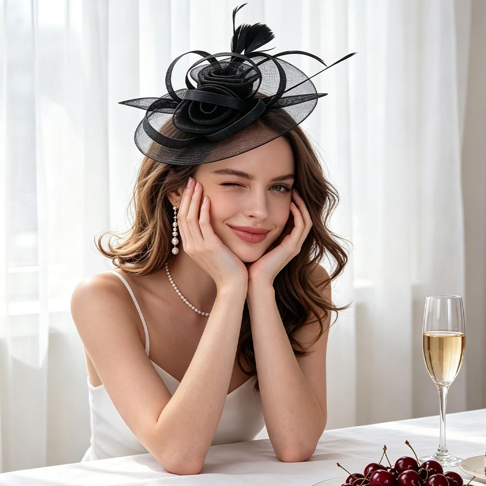 AHANDMAKER 1Pc Large Elegant Flower Fascinator Hat for Women Dual Wear Clip and Headband for Tea Wedding Church Accessories