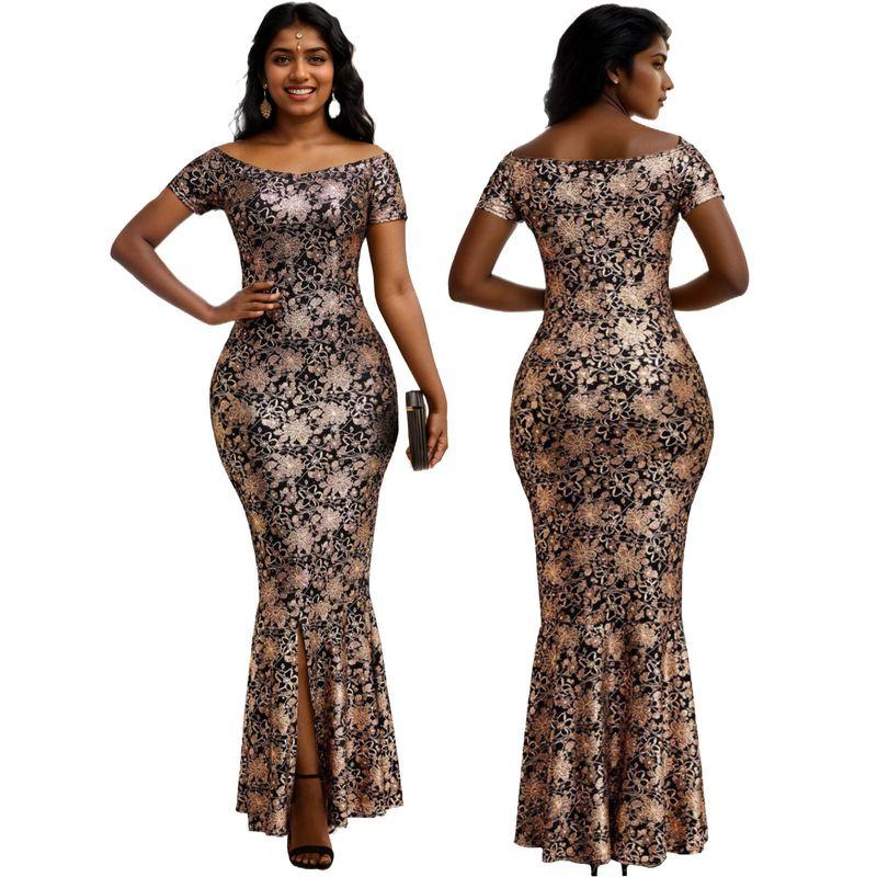 

Smr2 Foreign Trade Amazon New European and American Sexy Fashion Summer Slim Fit Off-Shoulder Women s Dress Black gold S