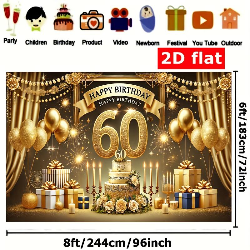 1 Polyester Banner for 60th Birthday Celebration - Golden Glittering "Happy 60th Birthday" Background, Birthday Party De