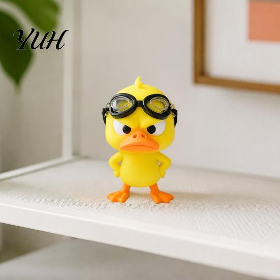 Fun Car Dashboard Decor 3D Printed Angry Yellow Duck Figurine with Detachable Swimming Goggles, Funny Accessories Statue, Desktop Ornament for