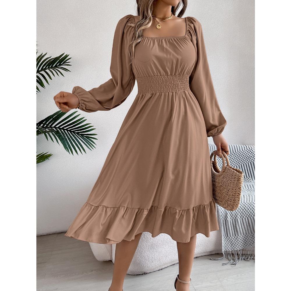 

New Women s Dresses Casual Solid Colour Square Neck Long Sleeve Waisted Ruffle A-line Dresses S хакі