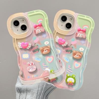 Applicable To Apple 15 Mobile Phone Case IPhone 14pm Cute Rabbit Bear Doll 13 Wavy Side Invisible Double Stand