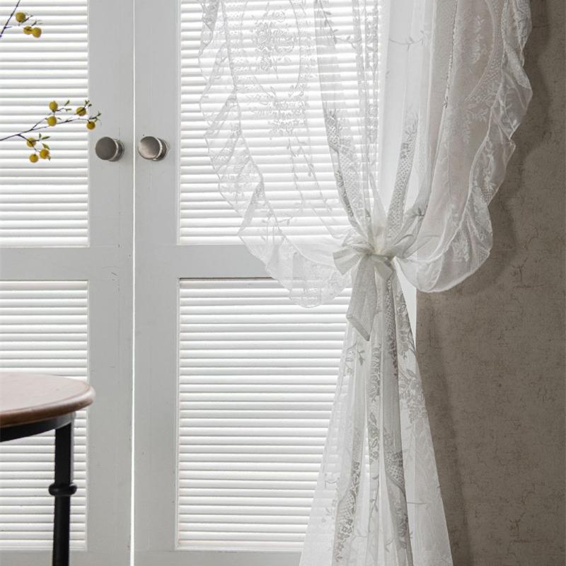 Breathable Lace Window Curtains - Vintage Ruffled Sheers for Bay Window/Balcony, Cottage Style Room Divider with Wave Trim (Ready-to-Hang) 1pc