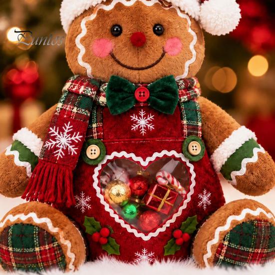 Plush Candy Storage Box Christmas Snack Bag, Clear Heart Window Doll with Back Zipper, Holiday Cookie Gift Soft Knitted Ornament Holder, Decorative