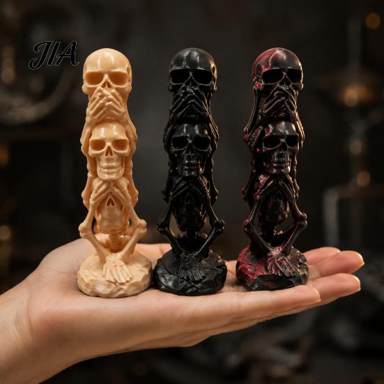Desktop Decorations 3D Printed Triple Skull Statue, Halloween Horror Hear No Evil See Spooky Table Ornaments Speak Figurine, Creative Desk Decor
