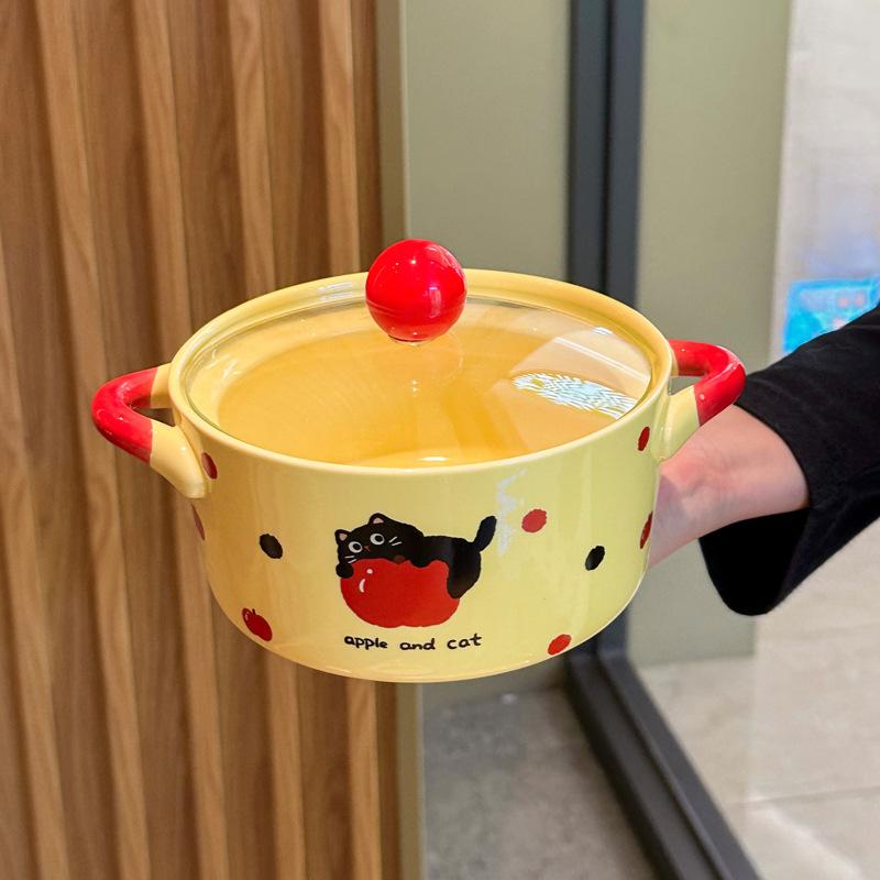 Cute Polka Dot Cat Instant Noodle Bowl Fruit Salad Dessert Bowl Student Dormitory Instant Noodle Bowl Girl Birthday Gift