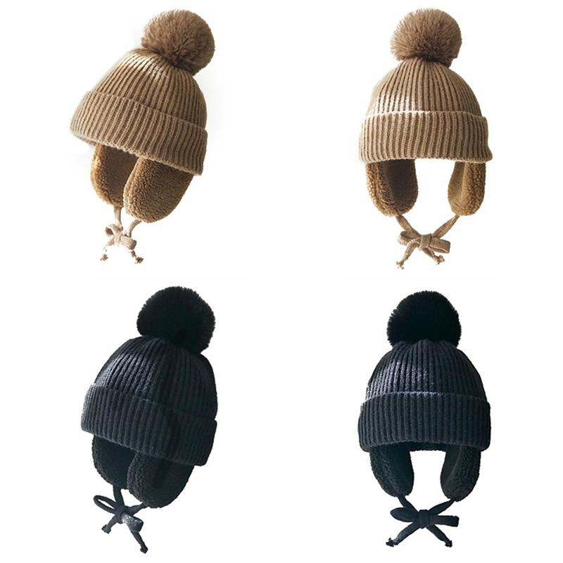 Winter Baby Knitted Hat With Earflaps Solid Color Pompon Beanie Cap Kids Boy Girl Thick Warm Plush Ear Protection Caps