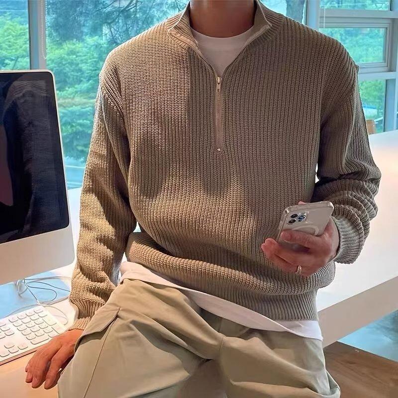 Men s Korean Style Autumn Knitwear: Trendy Half-Zip High Neck Pullover L хаки