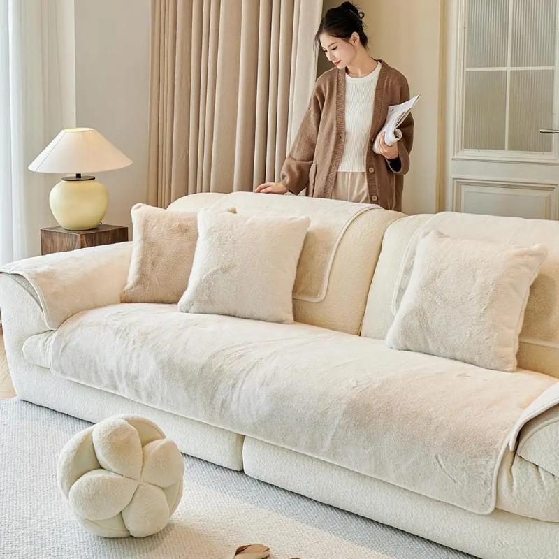 Solid Color Winter Plush Sofa Cushion Anti-Slip Thickened Warm Durable Dustproof Seat Cover Throw Blanket Machine Washable