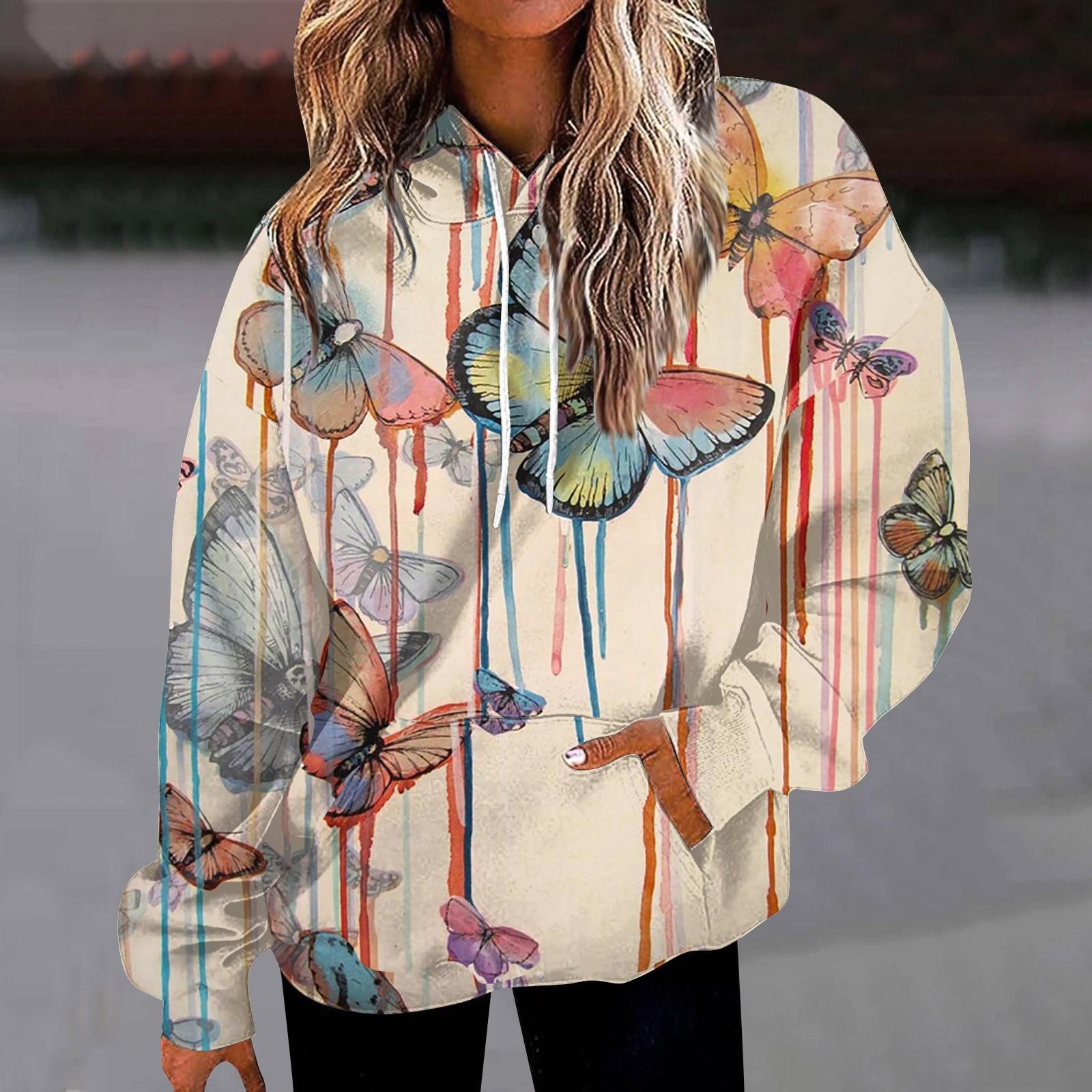 

МОДА Женская мода свободная повседневная повседневная толстовка с длинным рукавом с принтом бабочки свитшот Топ S красный