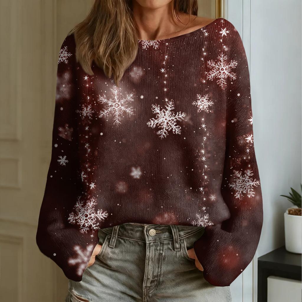 Women's Fashion Round Neck Long Sleeve Christmas Print Casual Pullover Sweater Top