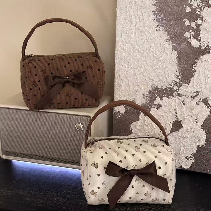 Fashi Floral Print Makeup Bag New Bow-decorated Toilet Bag Portable Thickened Handbag Color-blocking Design Women's Travel Bag