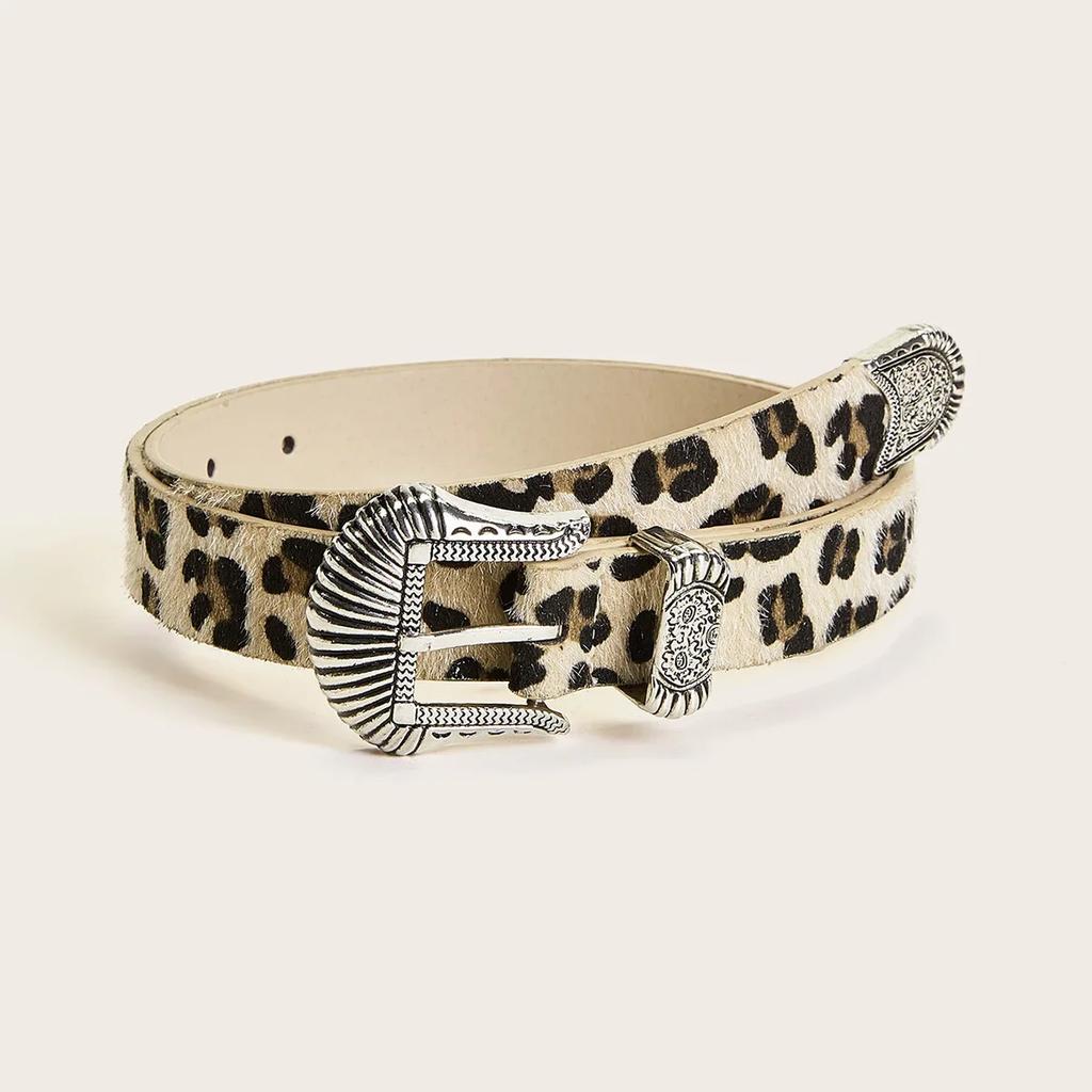 Dopamine Western Buckle Belt–European & American Retro Style Carved Design Imitation Horse Hair with Leopard Print for Fashion