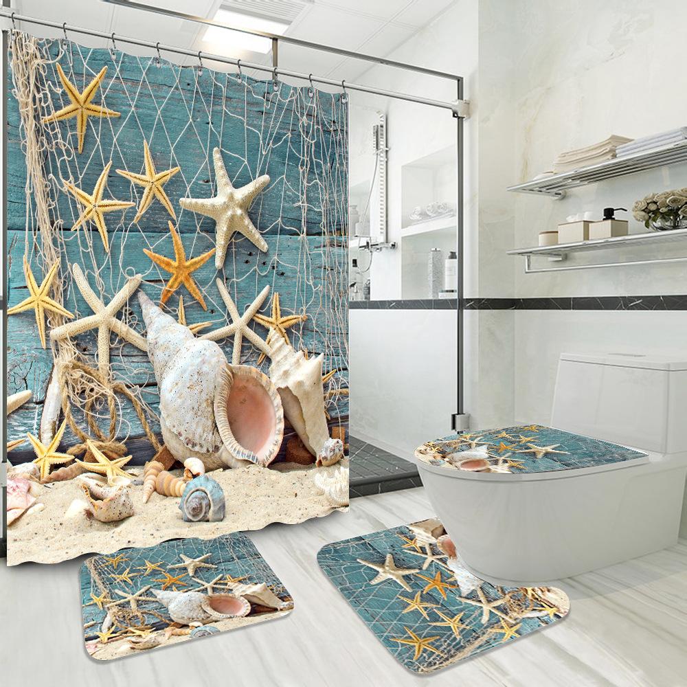 Blue Fishing Net And Whelk 3D Printed Waterproof Shower Curtain Non Slip Rugs Mat Polyester Fabric Waterproof With Hooks