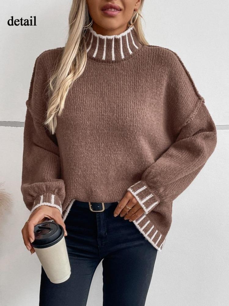 Women Oversized Turtleneck Sweater Loose Lantern Sleeve Ribbed Knit Pullover Casual Long Sleeve Top for Fall Fashion