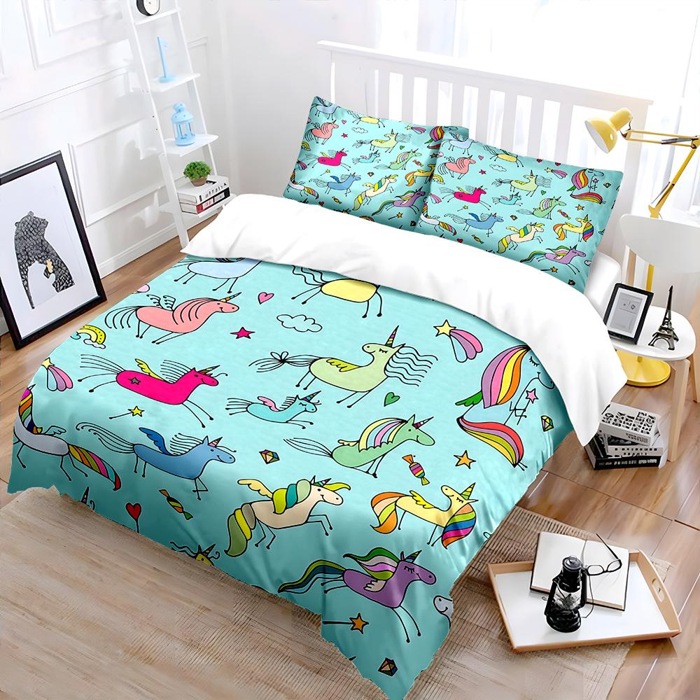 Fun Hand-drawn Unicorns Pattern Bedding Set for Kids Luxury Gift 3pcs Digital Print Comforter Set Soft Comfortable Breathable