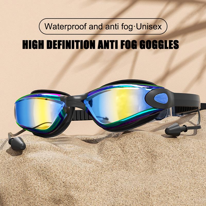 Schwimmbrille Schwimm-Ohrstöpsel Professionelle Wasserdichte Brille HD Anti-Beschlag UV Silikon Verstellbare Brille Herren Klare Brille