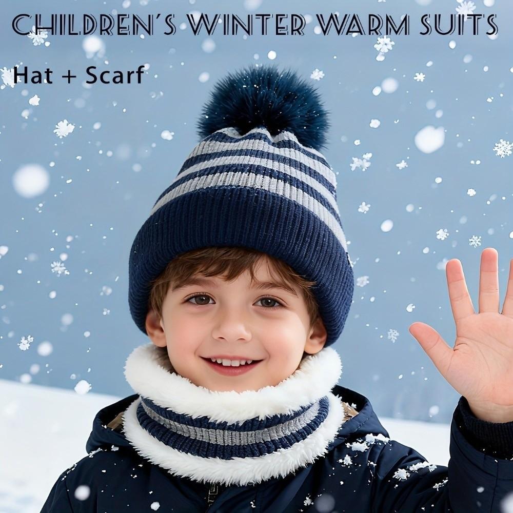 Fleece Lined Knit Beanie Hat Striped Pattern Pom Pom Hat Warm Fleece Lined Scarf  Outdoor Sports