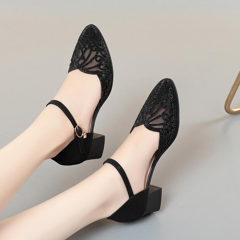 Summer Women One-word Buckle Sandals Flat Mid Heel Chunky Heel  PU Leather Shoes Hollow Mesh Soft Bottom Mom Single Shoes